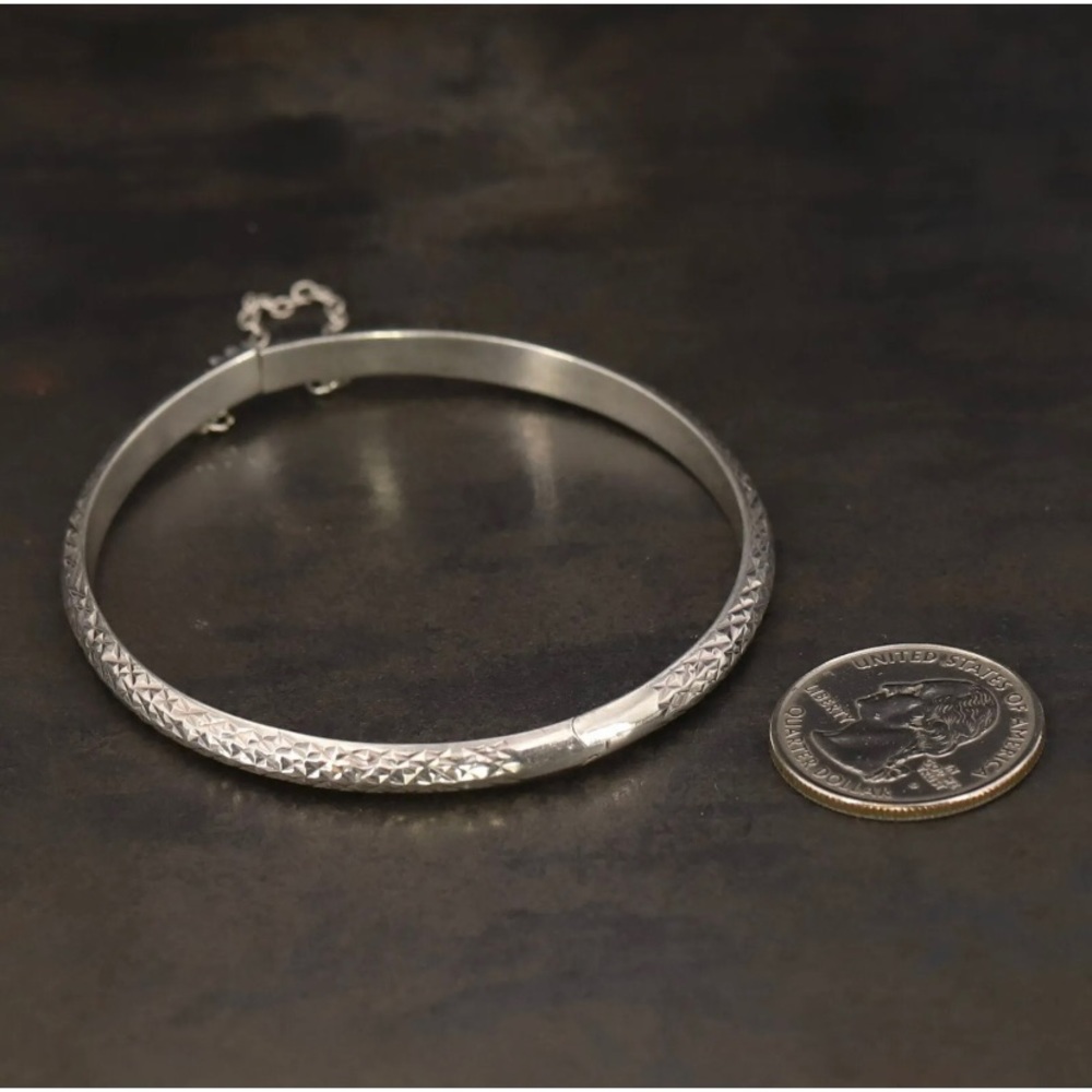 VTG Sterling 5mm Diamond-cut 7" Hinge Bangle Bracelet - 5g with Safety Chain 925 - Picture 7 of 11